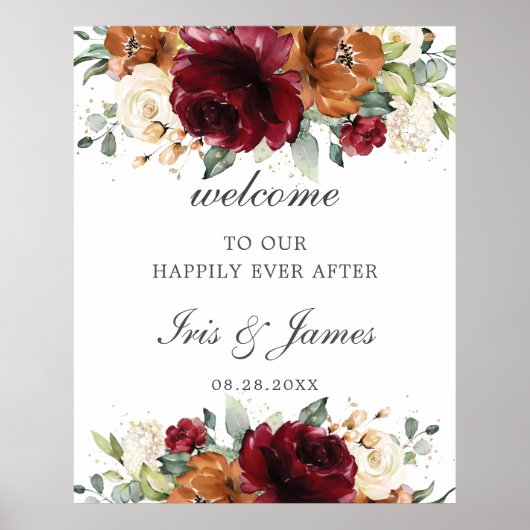 Burgundy Oranje Ivory Floral Wedding Welcome Sign Poster (Voorkant)