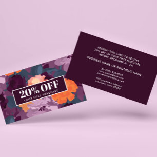 Burgundy Oranje Paarse  bloemen Coupon Kaart Visitekaartje