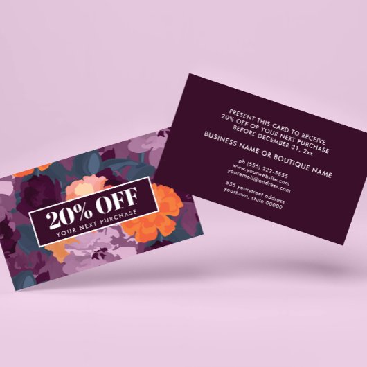 Burgundy Oranje Paarse  bloemen Coupon Kaart Visitekaartje