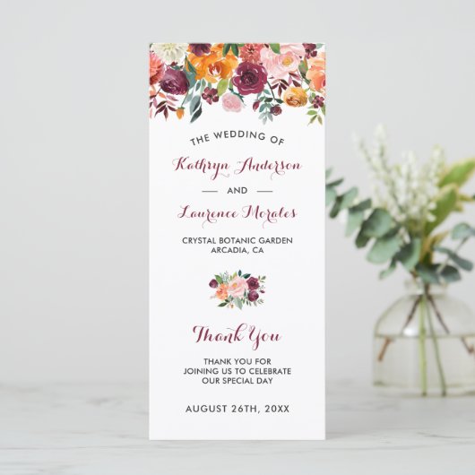 Burgundy Oranje Pink Flowers Wedding Programme Programmakaart (Staand voorkant)