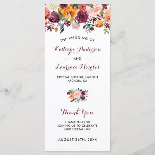 Burgundy Oranje Pink Flowers Wedding Programme Programmakaart (Voorkant)