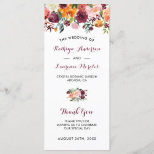 Burgundy Oranje Pink Flowers Wedding Programme Programmakaart