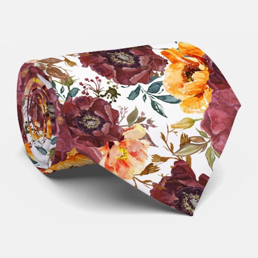 Burgundy Oranje Rustieke Herfst Waterverf Bloemig  Stropdas (Opgerold)