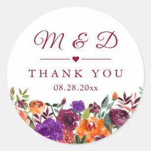 Burgundy Organ Floral Monogram Wedding Favor Ronde Sticker