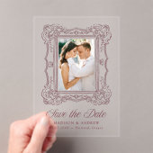 Burgundy Ornate Frame Wedding Save the Date Acryl Uitnodigingen (Insitu (Draagbaar))