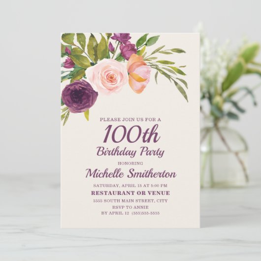 Burgundy Paars Blush Pink Floral 100th Birthday Kaart (Staand voorkant)