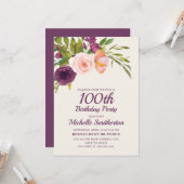 Burgundy Paars Blush Pink Floral 100th Birthday Kaart (Voorkant / Achterkant in situ)