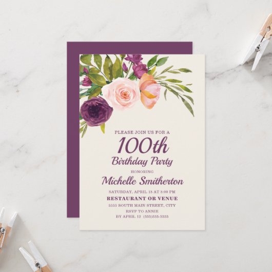 Burgundy Paars Blush Pink Floral 100th Birthday Kaart (Voorkant / Achterkant in situ)