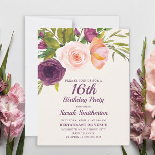 Burgundy Paars Blush Pink Floral 16e verjaardag Kaart