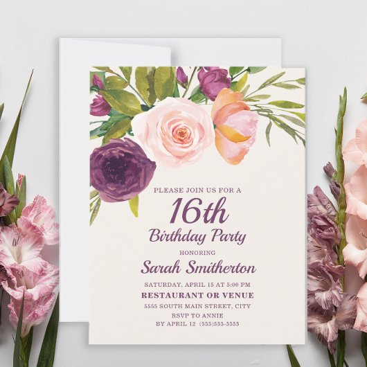 Burgundy Paars Blush Pink Floral 16e verjaardag Kaart