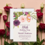 Burgundy Paars Blush Pink Floral 18th Birthday Kaart<br><div class="desc">Elegant en mooi paars,  bogundy,  en wazige roze waterverf floral op roomkleurige uitnodiging van 18e verjaardagsfeestje voor vrouwen. Neem contact met ons op voor hulp bij aanpassingen of om passende producten aan te vragen.</div>