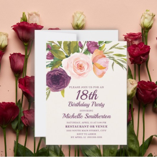 Burgundy Paars Blush Pink Floral 18th Birthday Kaart