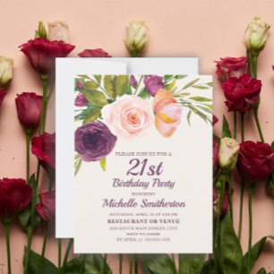 Burgundy Paars Blush Pink Floral 21-jarige verjaar Kaart