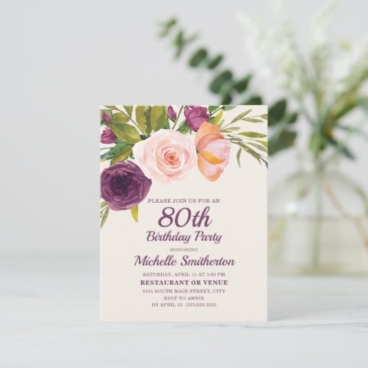 Burgundy Paars Blush Pink Floral 80th Birthday Kaart (Staand voorkant)