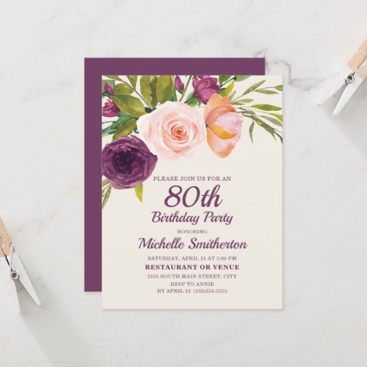 Burgundy Paars Blush Pink Floral 80th Birthday Kaart (Voorkant / Achterkant in situ)