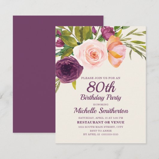 Burgundy Paars Blush Pink Floral 80th Birthday Kaart (Voorkant / Achterkant)
