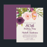 Burgundy Paars Blush Pink Floral 80th Birthday Kaart<br><div class="desc">Elegant en mooi paars,  bogundy,  en wazige roze waterverf floral op roomkleurige uitnodiging voor vrouwen op de 80ste verjaardag. Neem contact met ons op voor hulp bij aanpassingen of om passende producten aan te vragen.</div>