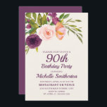 Burgundy Paars Blush Pink Floral 90th Birthday Kaart<br><div class="desc">Elegant en mooi paars,  bogundy,  en wazige roze waterverf floral op roomkleurige uitnodiging van het 90ste verjaardagsfeest voor vrouwen. Neem contact met ons op voor hulp bij aanpassingen of om passende producten aan te vragen.</div>
