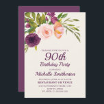 Burgundy Paars Blush Pink Floral 90th Birthday Kaart<br><div class="desc">Elegant en mooi paars,  bogundy,  en wazige roze waterverf floral op roomkleurige uitnodiging van het 90ste verjaardagsfeest voor vrouwen. Neem contact met ons op voor hulp bij aanpassingen of om passende producten aan te vragen.</div>
