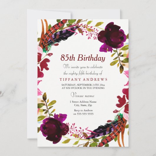 Burgundy Paars Floral 85th Birthday Party Invite Kaart (Voorkant)