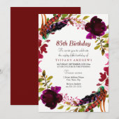 Burgundy Paars Floral 85th Birthday Party Invite Kaart (Voorkant / Achterkant)