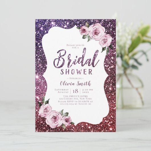 Burgundy paars glitter floral vrijgezellenfeest kaart (Staand voorkant)