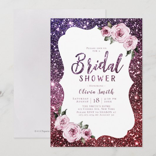 Burgundy paars glitter floral vrijgezellenfeest kaart (Voorkant / Achterkant)