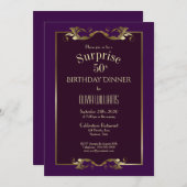 Burgundy Paars Gold Surprise 50th Birthday Dinner Kaart (Voorkant / Achterkant)