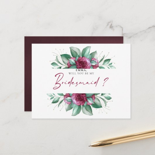 Burgundy Paars Ivory Floral Bridesmaid Briefkaart (Voorkant / Achterkant in situ)