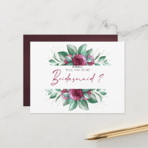 Burgundy Paars Ivory Floral Bridesmaid Briefkaart