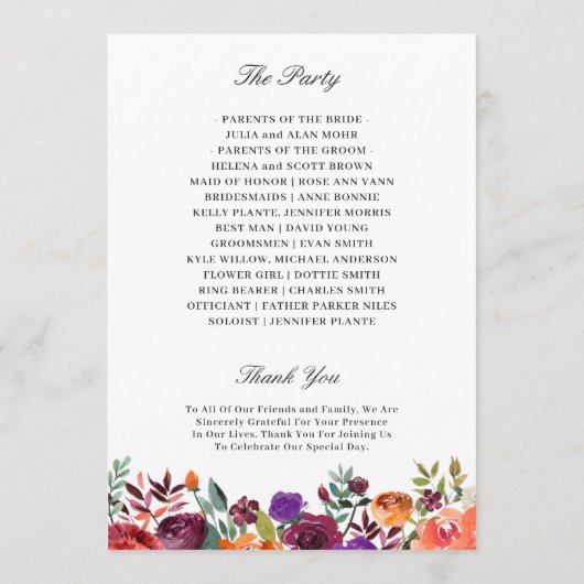 Burgundy Paars Oranje Floral Wedding Programmakaart (Achterkant)
