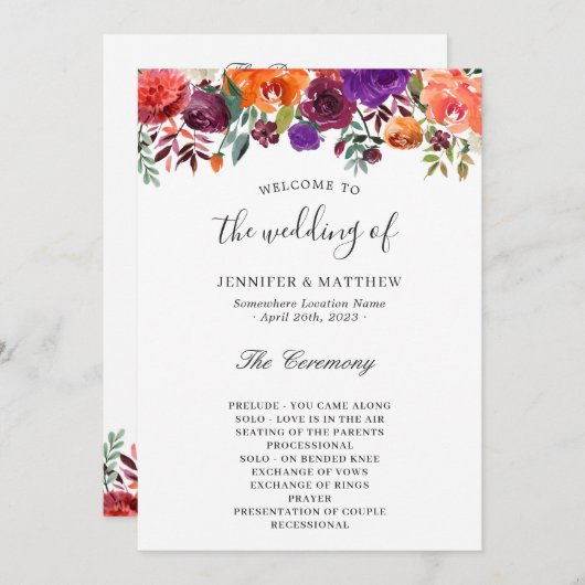 Burgundy Paars Oranje Floral Wedding Programmakaart (Voorkant / Achterkant)