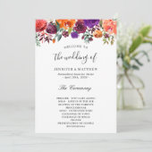 Burgundy Paars Oranje Floral Wedding Programmakaart (Staand voorkant)