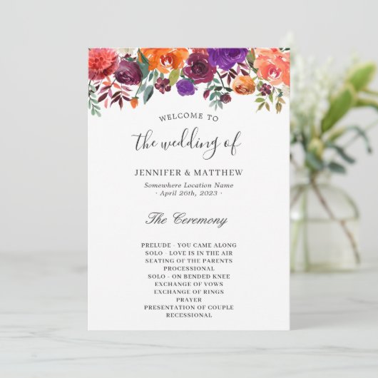 Burgundy Paars Oranje Floral Wedding Programmakaart (Staand voorkant)