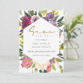 BURGUNDY PAARS PINK LIME GREEN FLORAL SAVE THE DATE (Staand voorkant)