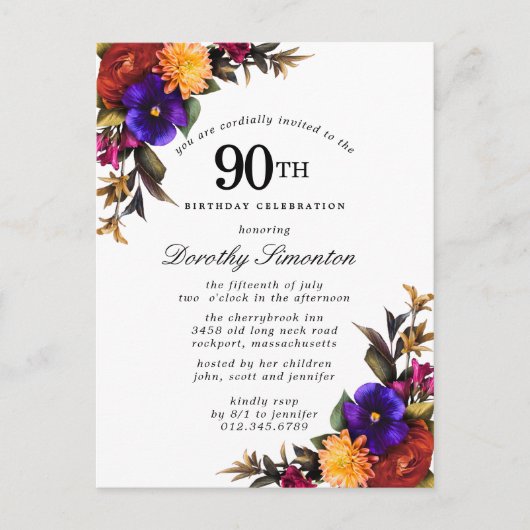 Burgundy Paars Yellow 90th Birthday Uitnodiging (Voorkant)