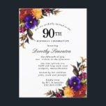 Burgundy Paars Yellow 90th Birthday Uitnodiging Briefkaart<br><div class="desc">Eer een speciale vrouw met deze elegante en vrouwelijke 90th Birthday party uitnodiging.</div>