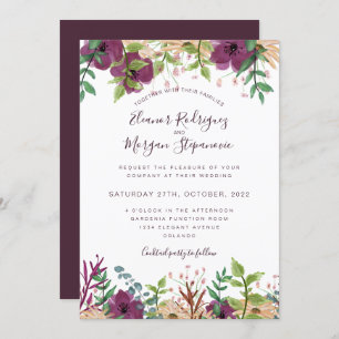 Burgundy paarse floral border-bruiloft kaart