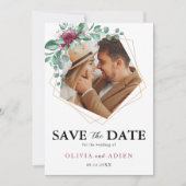 Burgundy Paarse Ivory Floral Geometric Foto Save The Date (Voorkant)
