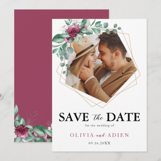 Burgundy Paarse Ivory Floral Geometric Foto Save The Date (Voorkant / Achterkant)