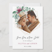 Burgundy Paarse Ivory Floral Geometric Foto Save The Date (Voorkant)
