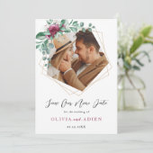 Burgundy Paarse Ivory Floral Geometric Foto Save The Date (Staand voorkant)