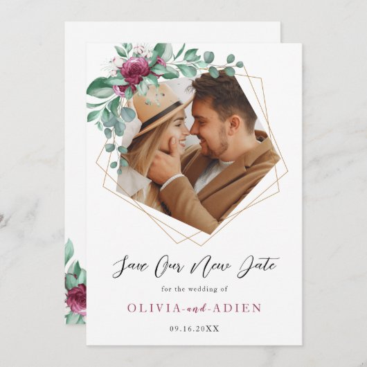 Burgundy Paarse Ivory Floral Geometric Foto Save The Date (Voorkant / Achterkant)