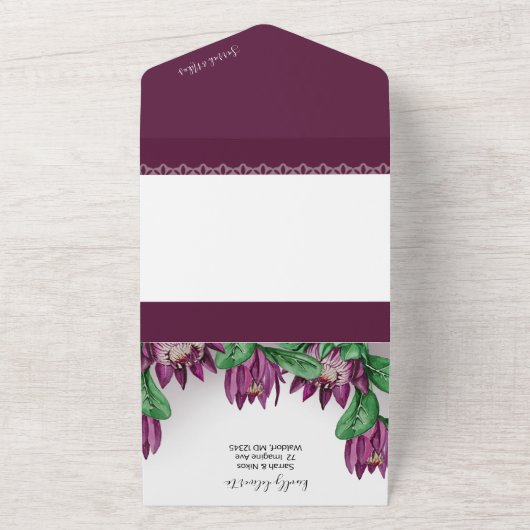 Burgundy Paarse King Protea Waterverf All In One Uitnodiging (Buitenkant)