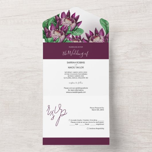 Burgundy Paarse King Protea Waterverf All In One Uitnodiging (Binnen)