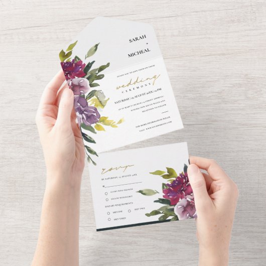 BURGUNDY PAARSE PINK LIME GREEN FLORAL WEDING ALL ALL IN ONE UITNODIGING (Afscheurbaar)