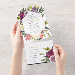 BURGUNDY PAARSE PINK LIME GREEN FLORAL WEDING ALL IN ONE UITNODIGING