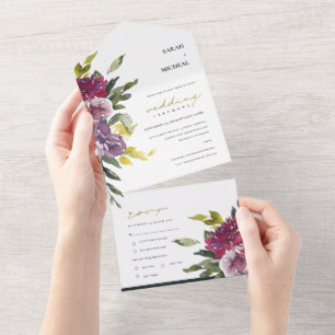BURGUNDY PAARSE PINK LIME GREEN FLORAL WEDING ALL IN ONE UITNODIGING