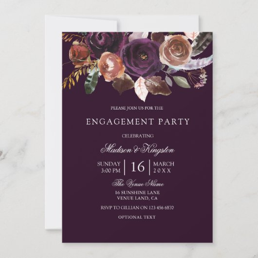 Burgundy Paarse Plum Peach Floral Engagement Party Kaart (Voorkant)