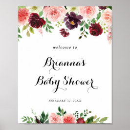 Burgundy Paarse Spring Floral Baby shower Welkom Poster
